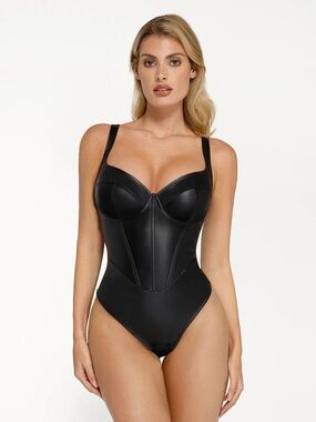 NWT Popilush Shapewear Faux Leather Hourglass Corset Bodysuit in black